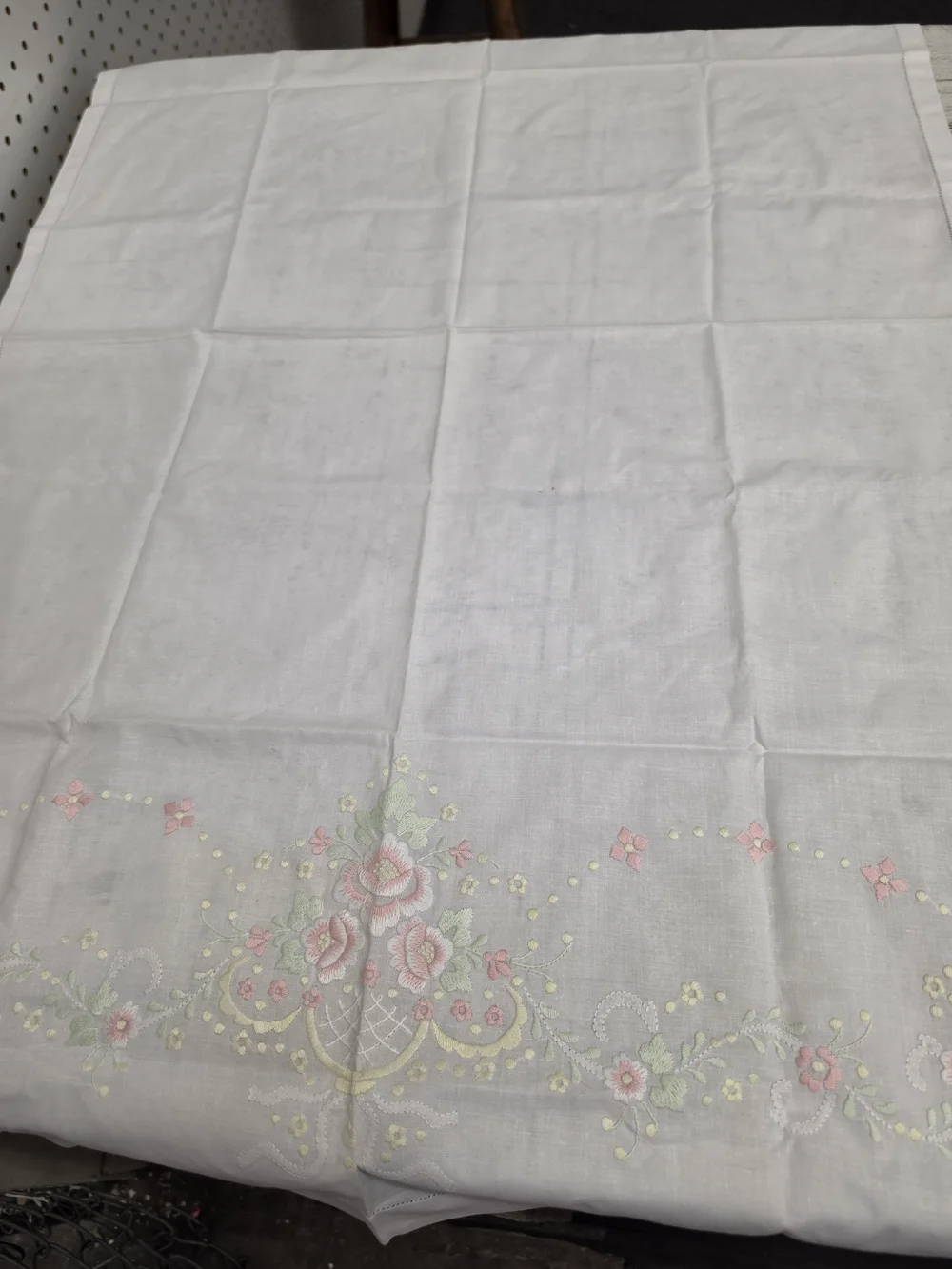 Embroidered Floral Tablecloth in White with Pastel Pink & Green